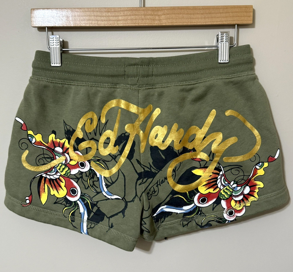 Ed Hardy Booty Shorts Y2K Butterfly Shorts Womens SIZE SMALL Green/Gold Fleece